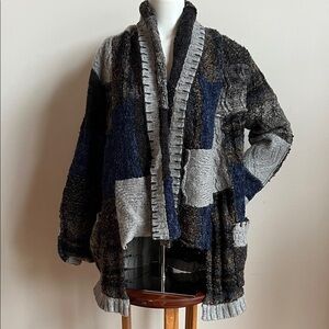 Curio Patchwork Cardigan Sweater oversized- Blue and Gray wool blend